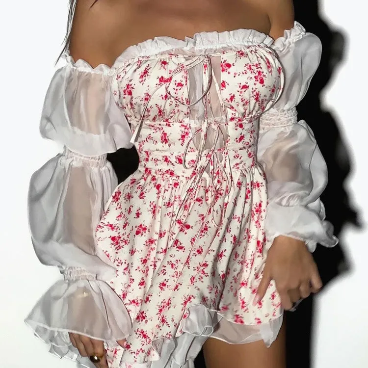 Elegant Mesh Patchwork Off-Shoulder A-Line Dress with Lace Details for a Flirty, Feminine Look
