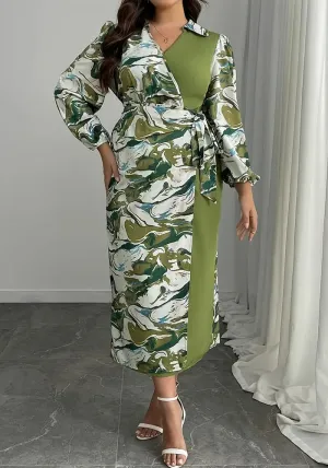 Elegant Plus Size V-Neck Long Sleeve Colorblock Printed Dress for Effortless Style