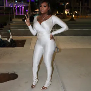 Elegant V-Neck Long-Sleeved Solid Jumpsuit