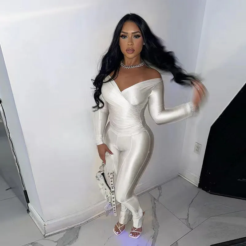 Elegant V-Neck Long-Sleeved Solid Jumpsuit