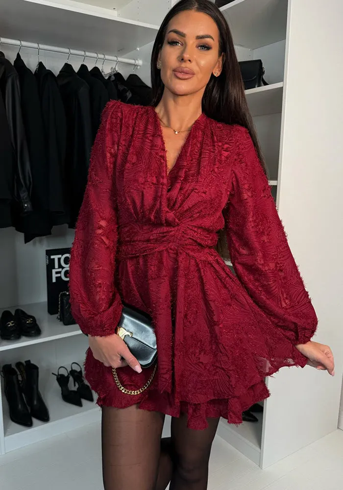 Elegant V-Neck Textured Slim-Waist Mini Dress with Flowy Details