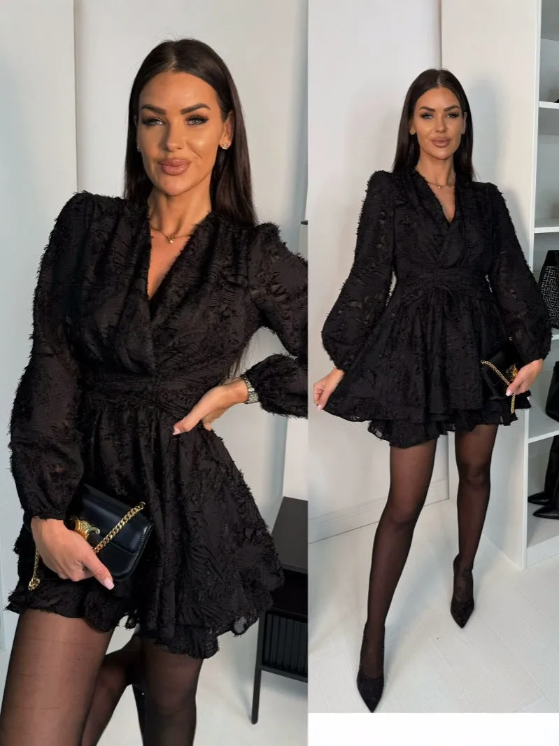 Elegant V-Neck Textured Slim-Waist Mini Dress with Flowy Details