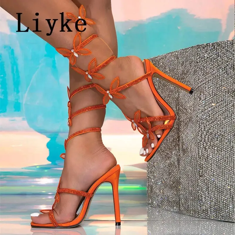 Fashion Glitter Rhinestones Women Sandals Crystal Butterfly Square Toe Wedding Party Stripper Shoes High Heels