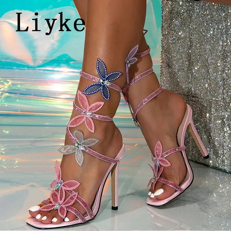Fashion Glitter Rhinestones Women Sandals Crystal Butterfly Square Toe Wedding Party Stripper Shoes High Heels