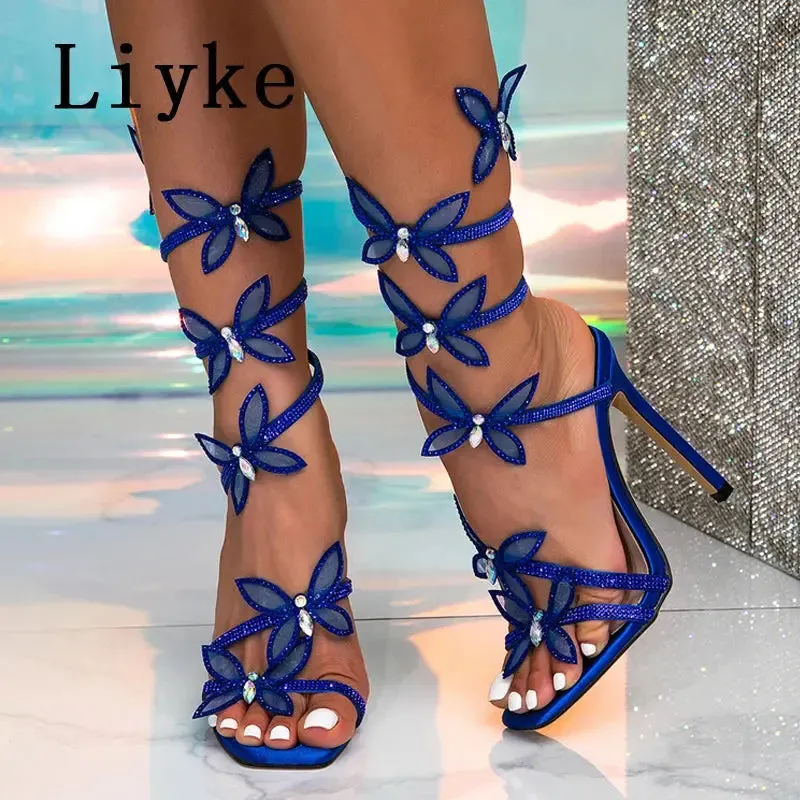Fashion Glitter Rhinestones Women Sandals Crystal Butterfly Square Toe Wedding Party Stripper Shoes High Heels