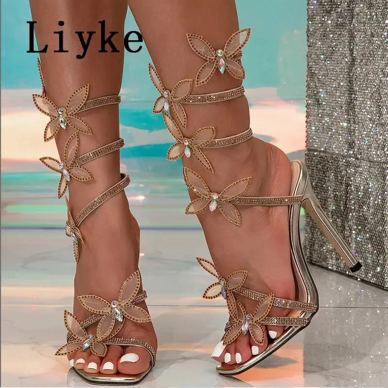 Fashion Glitter Rhinestones Women Sandals Crystal Butterfly Square Toe Wedding Party Stripper Shoes High Heels