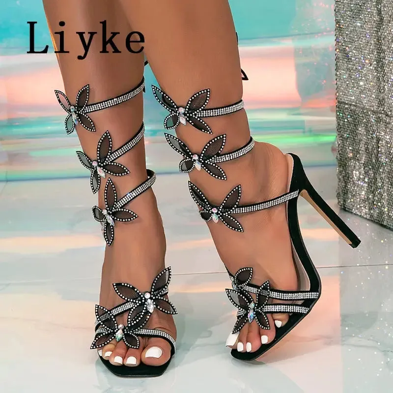 Fashion Glitter Rhinestones Women Sandals Crystal Butterfly Square Toe Wedding Party Stripper Shoes High Heels