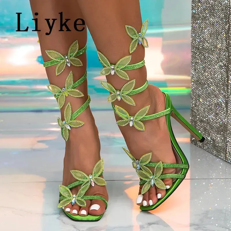 Fashion Glitter Rhinestones Women Sandals Crystal Butterfly Square Toe Wedding Party Stripper Shoes High Heels