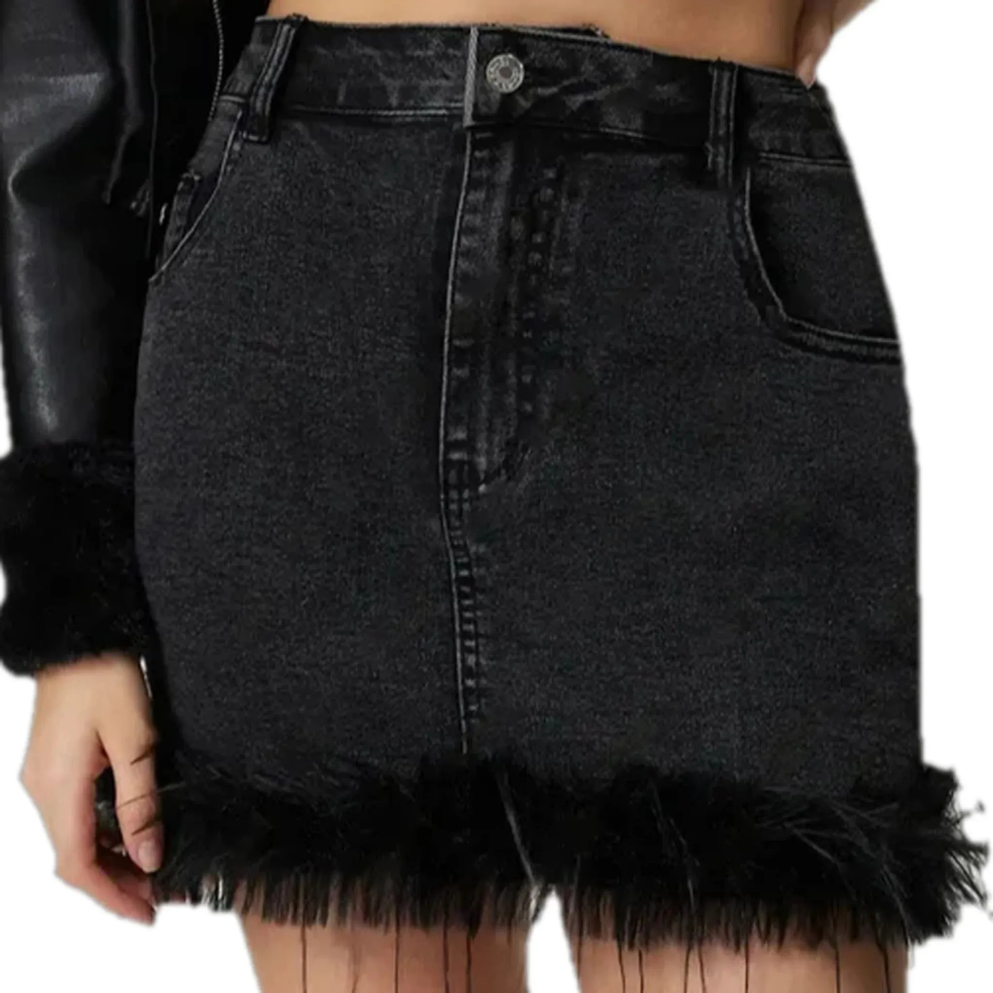 Fashionable miniature feather hem denim skirt