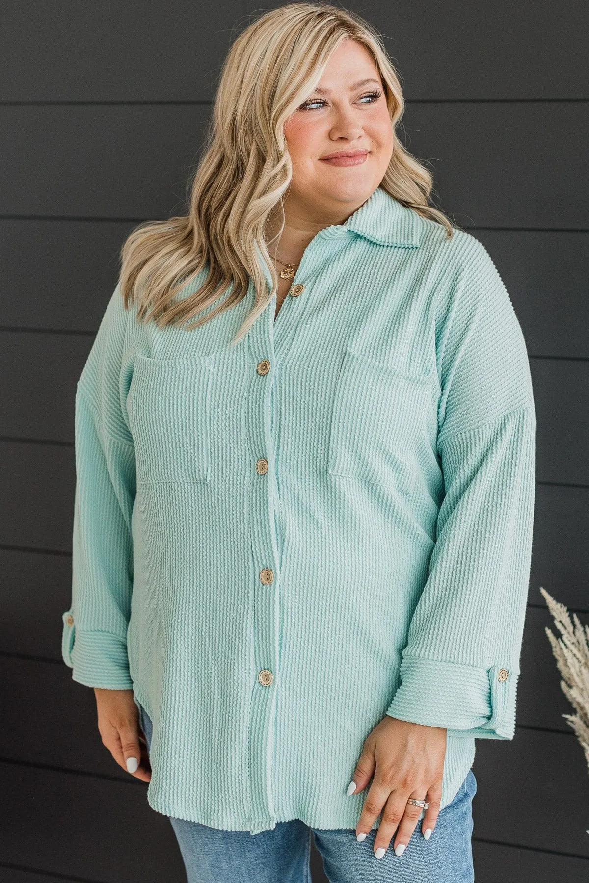 Feeling Bold Ribbed Shirt Jacket- Mint Blue