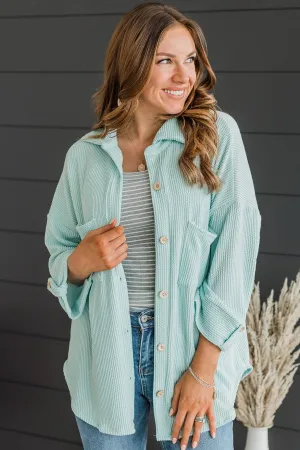 Feeling Bold Ribbed Shirt Jacket- Mint Blue