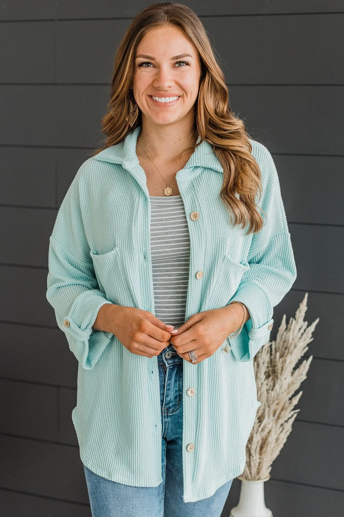 Feeling Bold Ribbed Shirt Jacket- Mint Blue