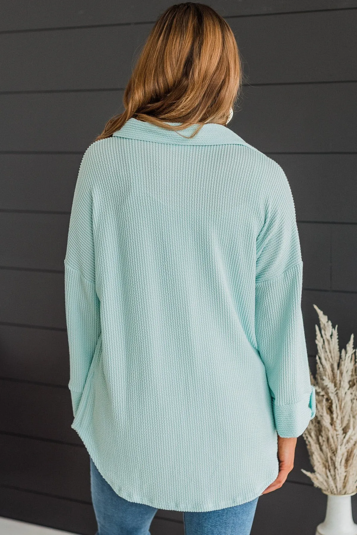 Feeling Bold Ribbed Shirt Jacket- Mint Blue