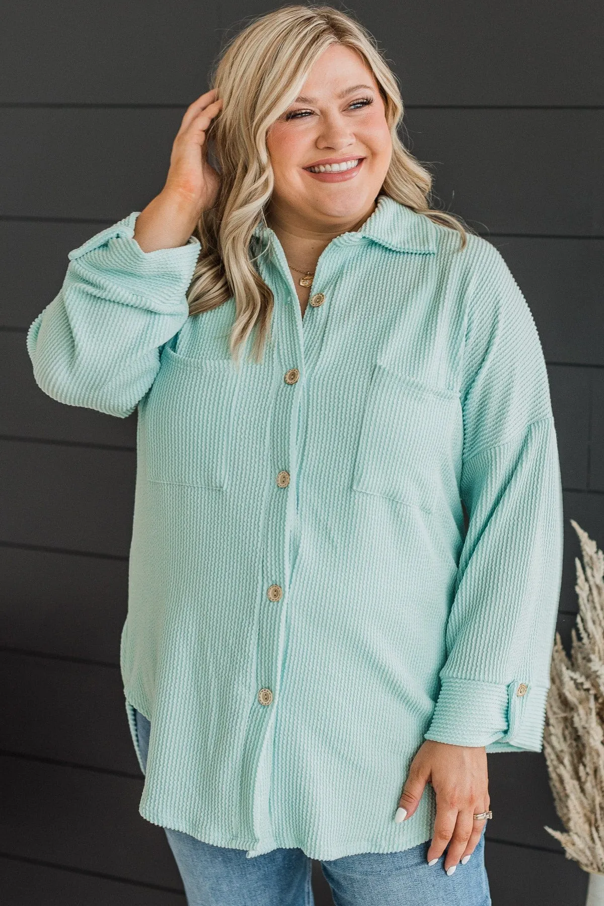 Feeling Bold Ribbed Shirt Jacket- Mint Blue
