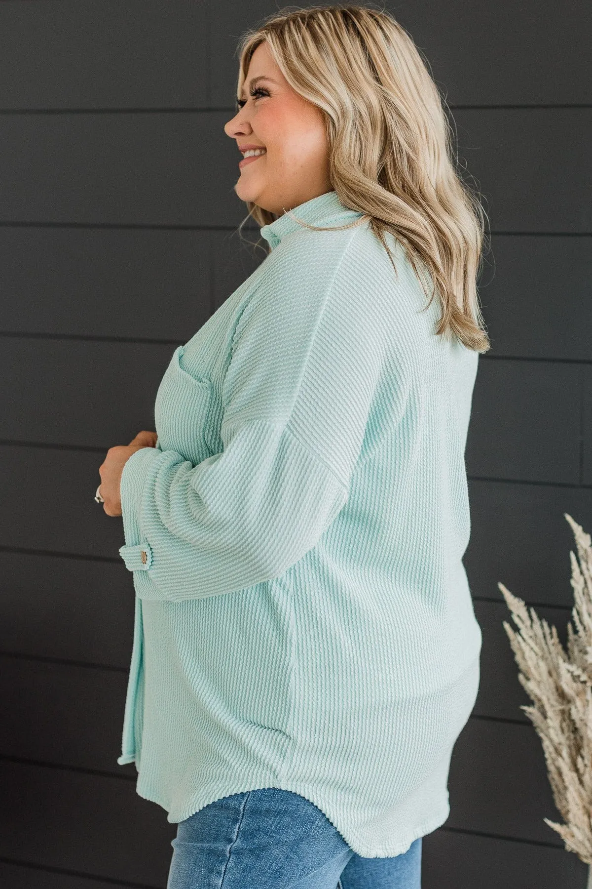 Feeling Bold Ribbed Shirt Jacket- Mint Blue