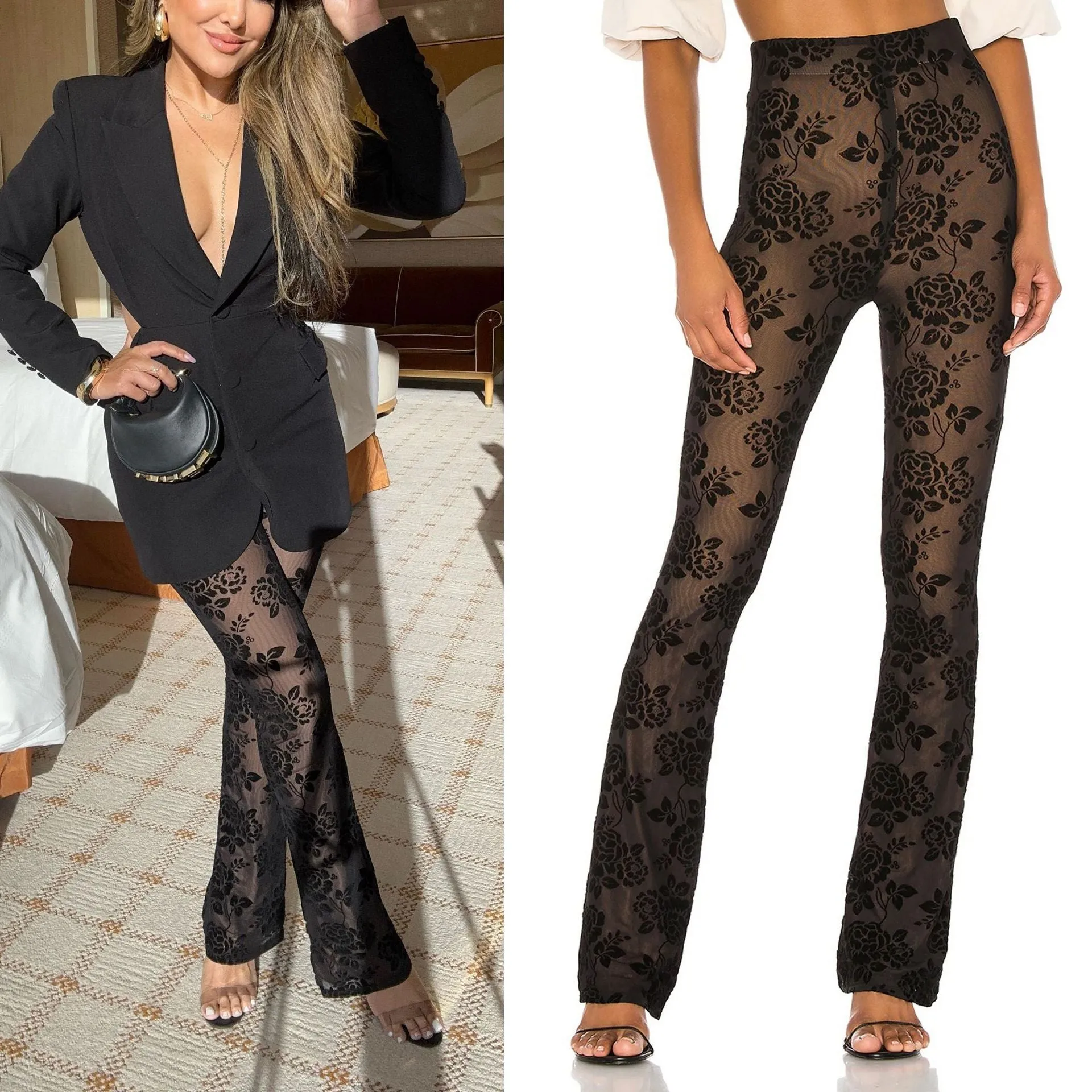 Floral Mesh High-Waist Sheer Pants for Chic Casual Looks