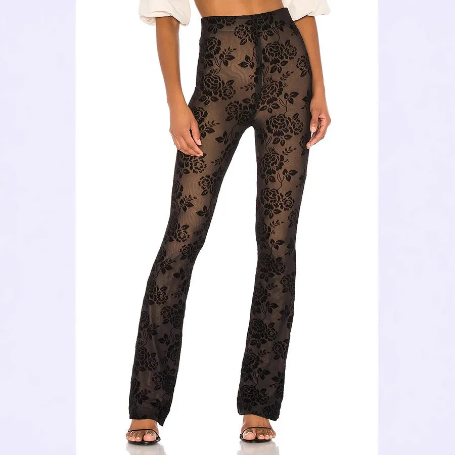 Floral Mesh High-Waist Sheer Pants for Chic Casual Looks