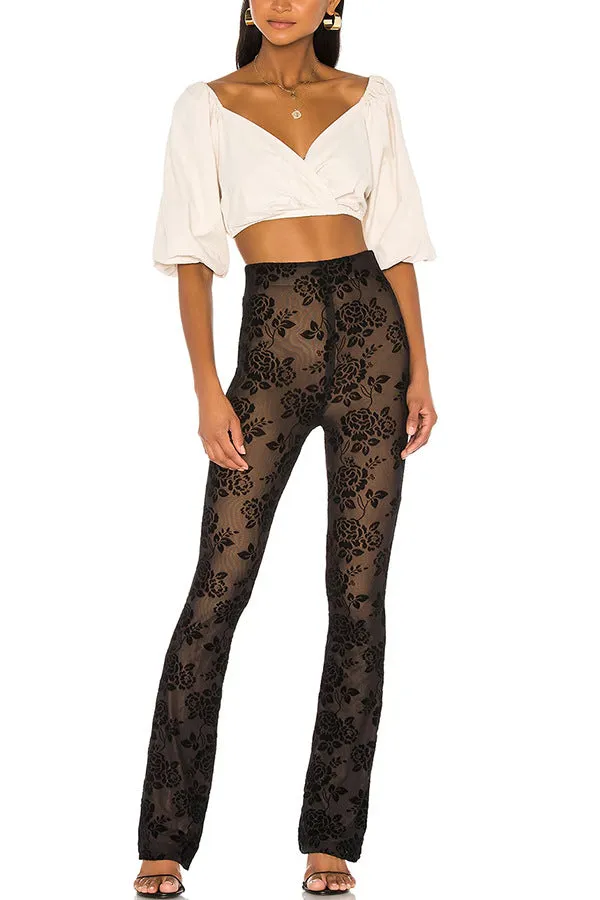 Floral Mesh High-Waist Sheer Pants for Chic Casual Looks