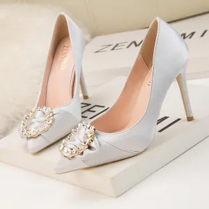 Four Seasons Fine High Heels Women Elegant 10cm Pointed Toe Shiny Rhinestone Pearl Slip-on Wedding Bridesmaid Shoes Party Daily