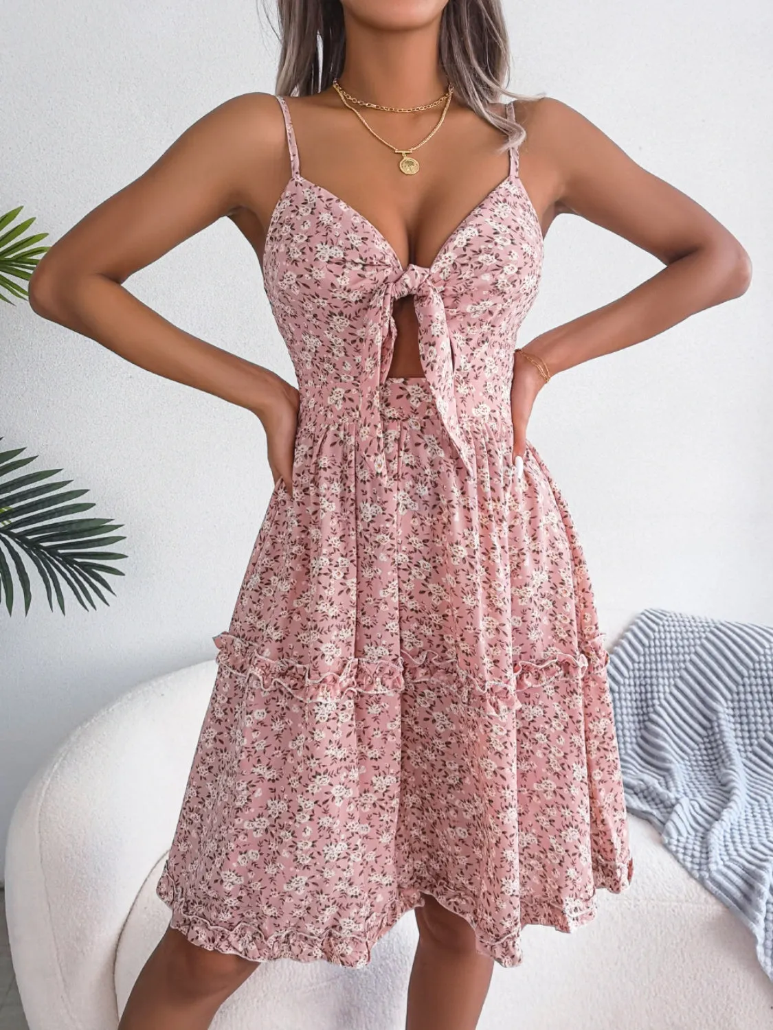 Frill Floral Tie Front Mini Sun Dress