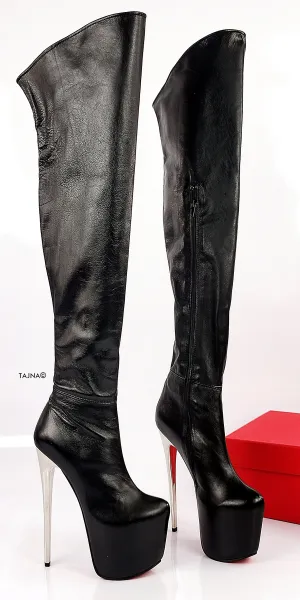 Genuine Leather Metallic Heel Black Boots
