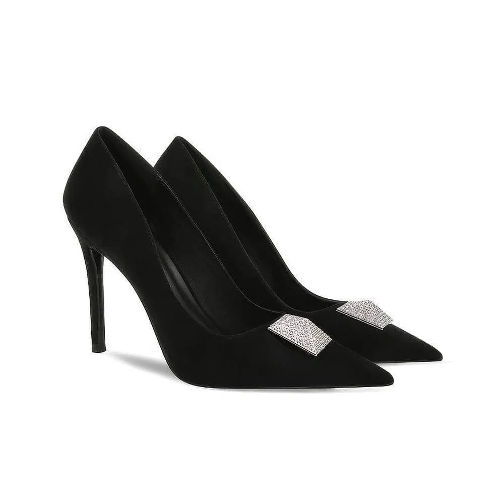 Geometric Metal Deco Suede Court Heels