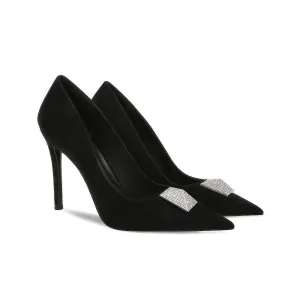Geometric Metal Deco Suede Court Heels