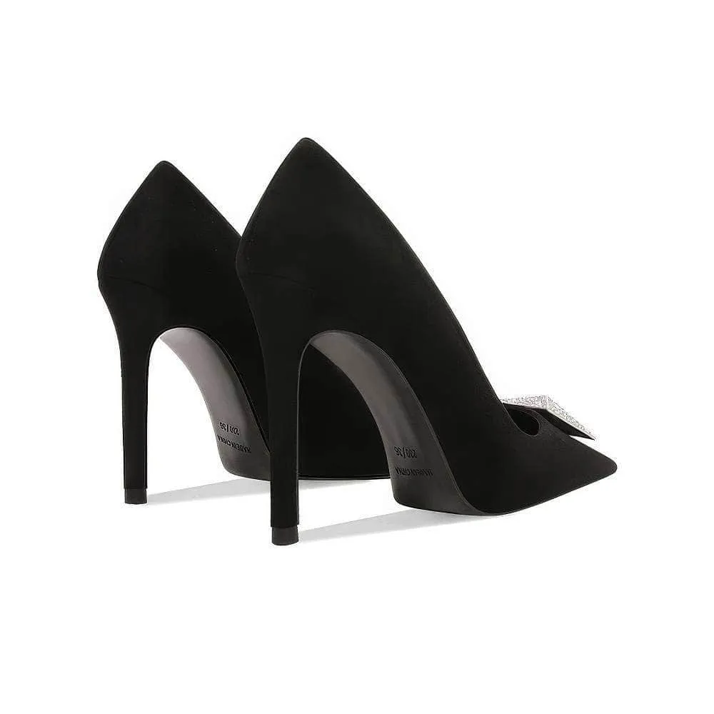 Geometric Metal Deco Suede Court Heels