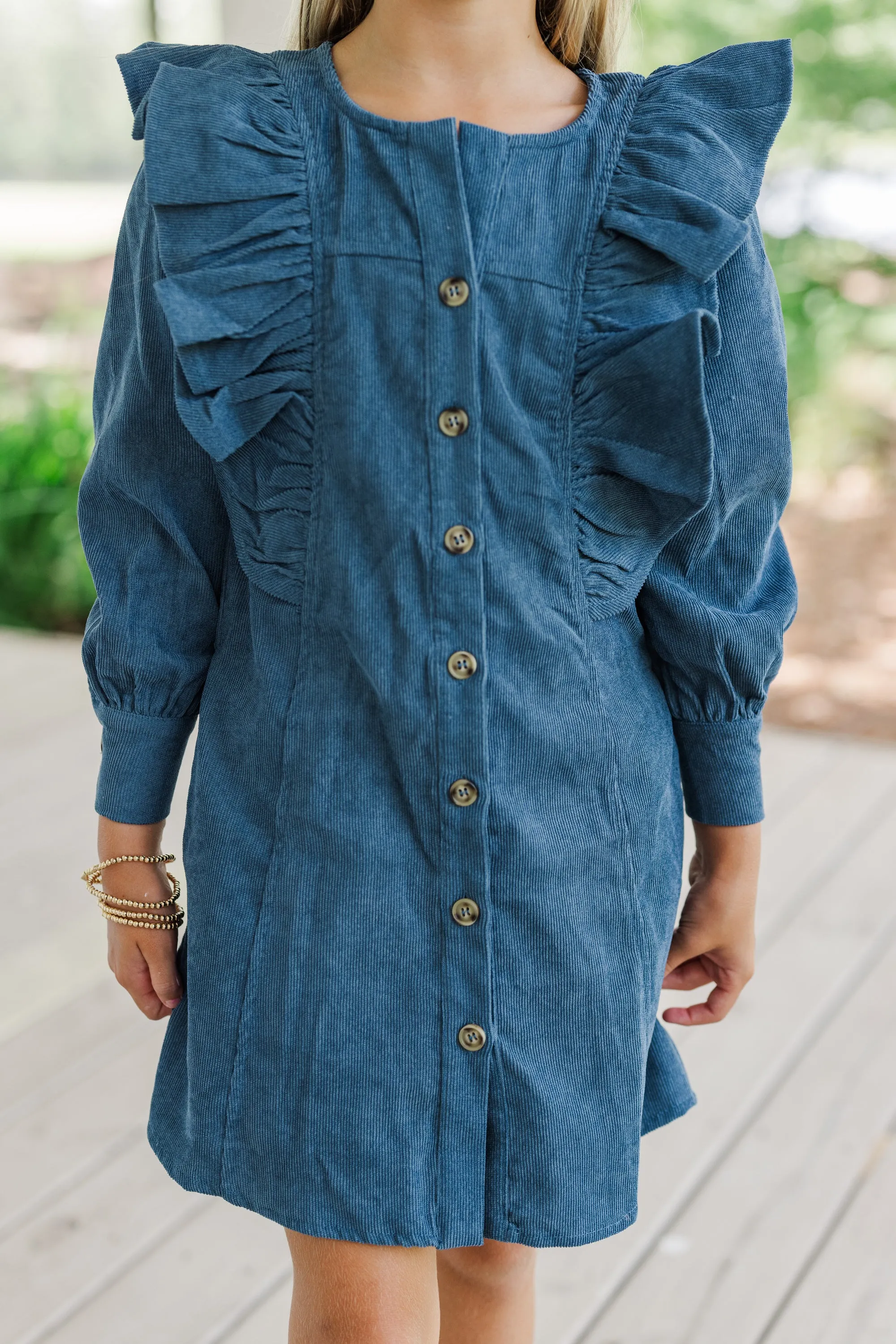 Girls: Never Too Late Teal Blue Corduroy Dress