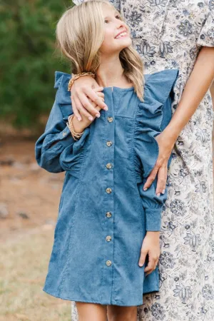 Girls: Never Too Late Teal Blue Corduroy Dress
