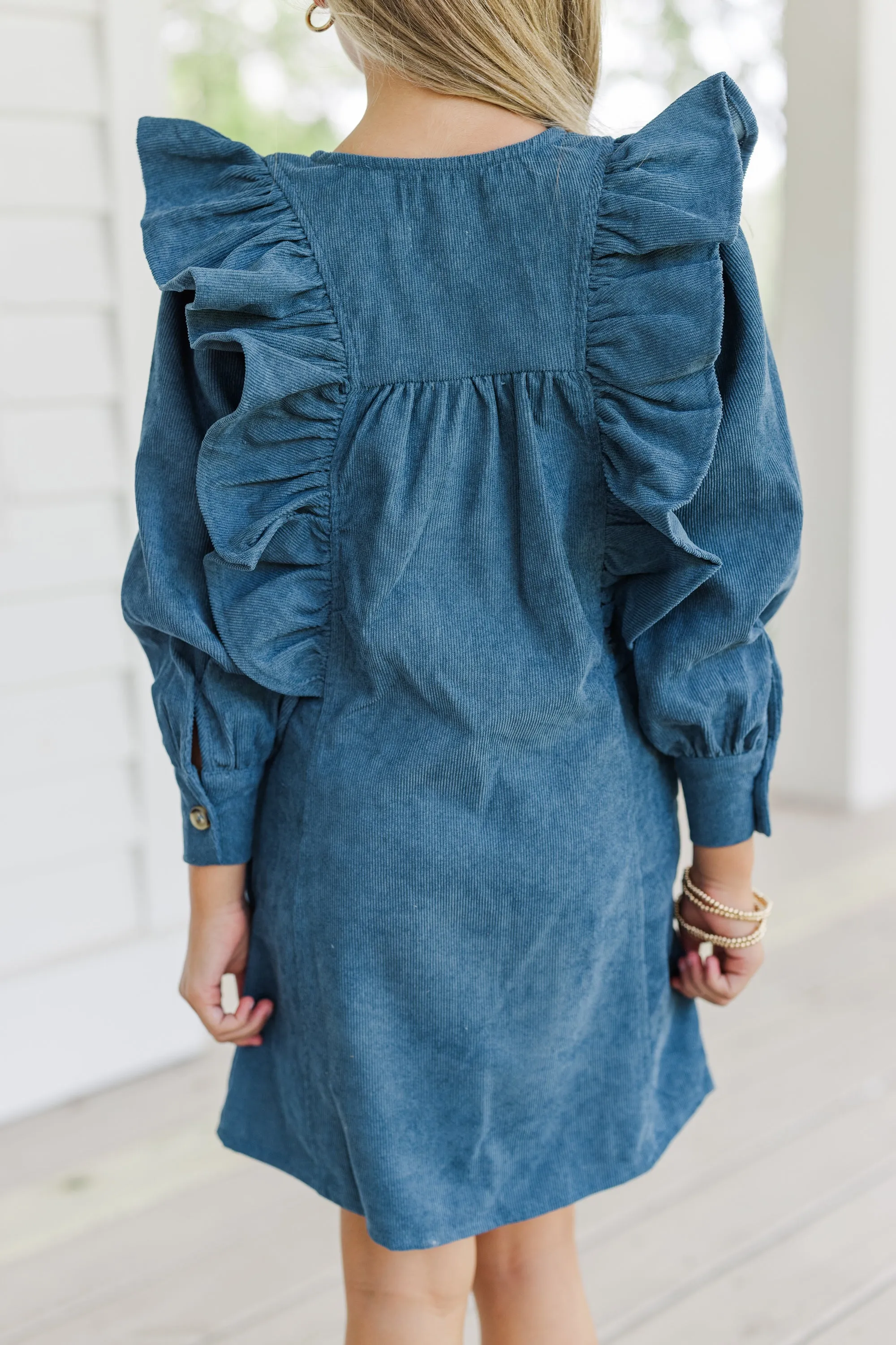 Girls: Never Too Late Teal Blue Corduroy Dress