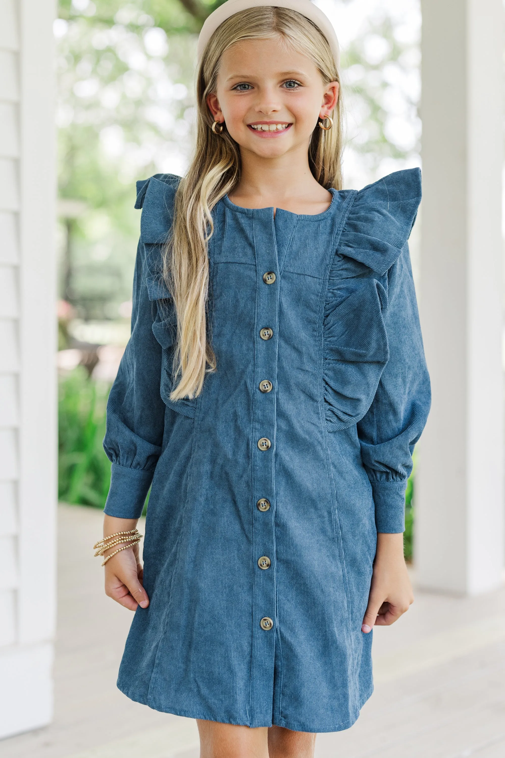Girls: Never Too Late Teal Blue Corduroy Dress
