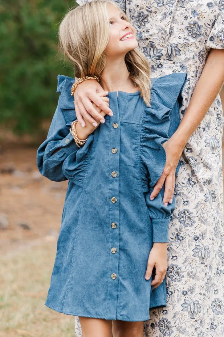 Girls: Never Too Late Teal Blue Corduroy Dress