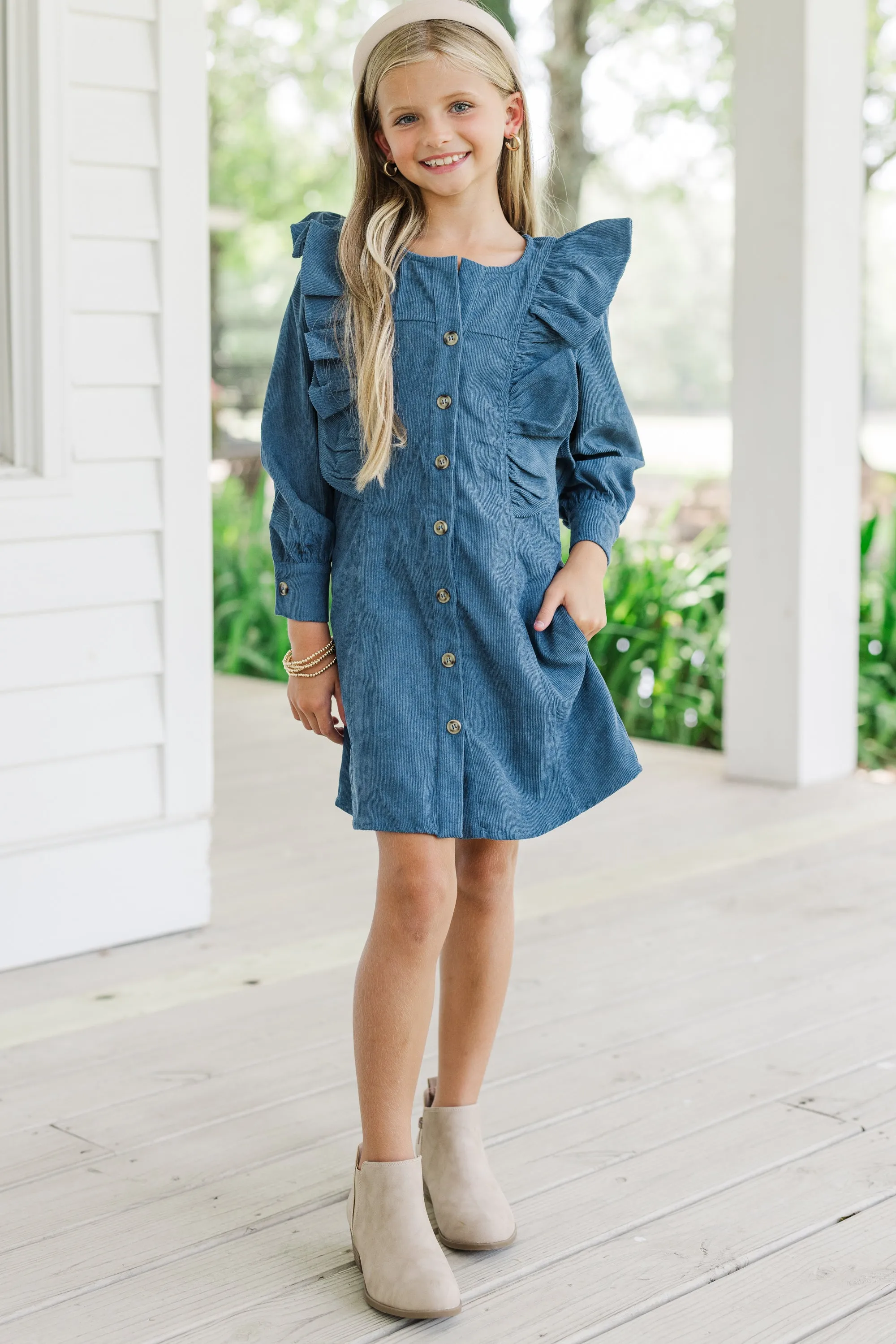 Girls: Never Too Late Teal Blue Corduroy Dress