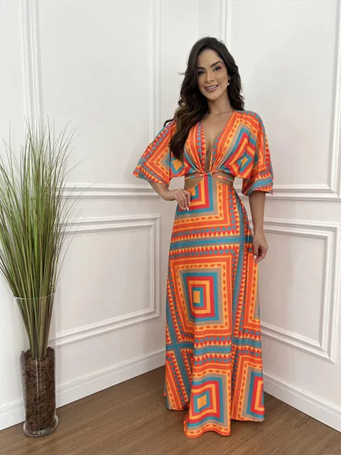 Graceful Color Block Bat Sleeves Lace-Up Maxi Dress for a Chic and Elegant Look