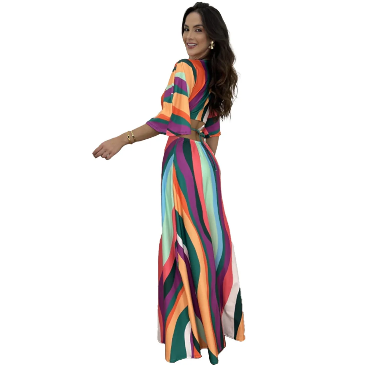 Graceful Color Block Bat Sleeves Lace-Up Maxi Dress for a Chic and Elegant Look