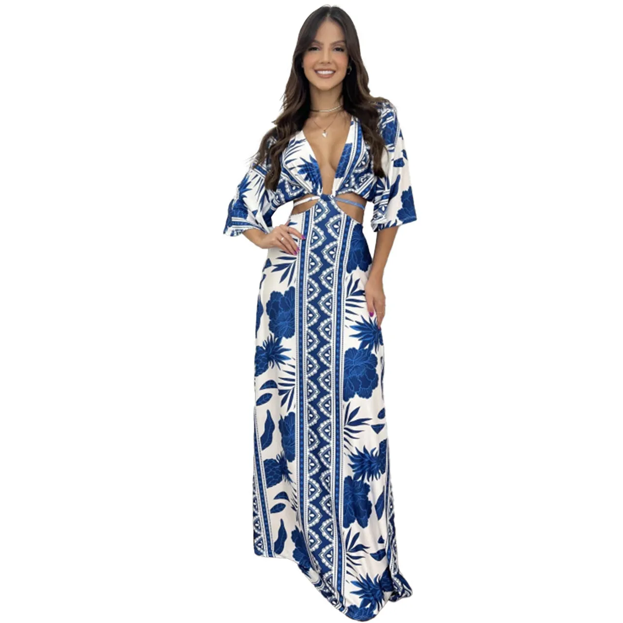 Graceful Color Block Bat Sleeves Lace-Up Maxi Dress for a Chic and Elegant Look