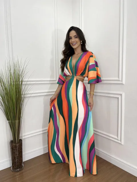 Graceful Color Block Bat Sleeves Lace-Up Maxi Dress for a Chic and Elegant Look