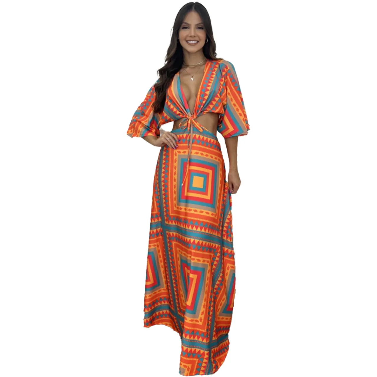 Graceful Color Block Bat Sleeves Lace-Up Maxi Dress for a Chic and Elegant Look