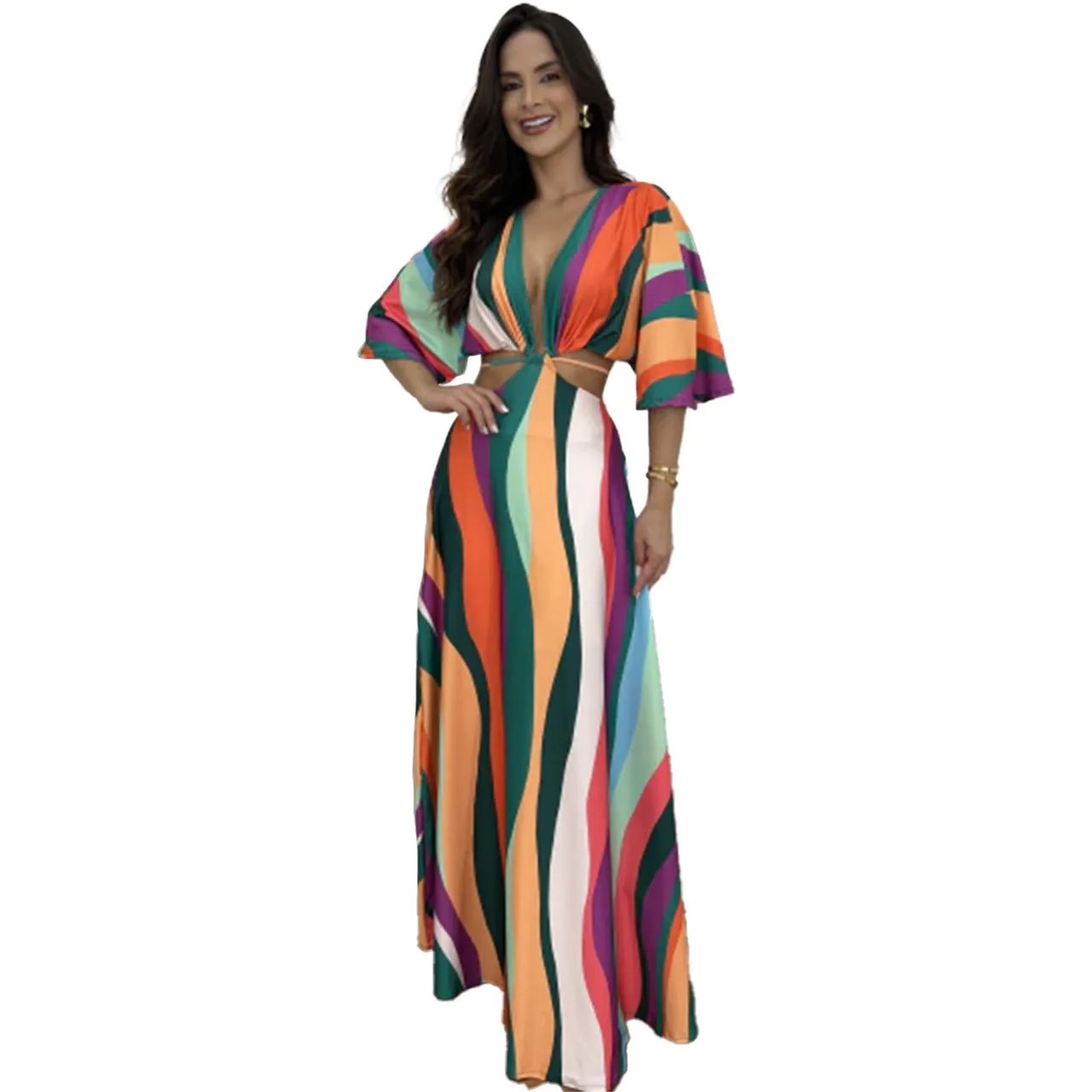 Graceful Color Block Bat Sleeves Lace-Up Maxi Dress for a Chic and Elegant Look