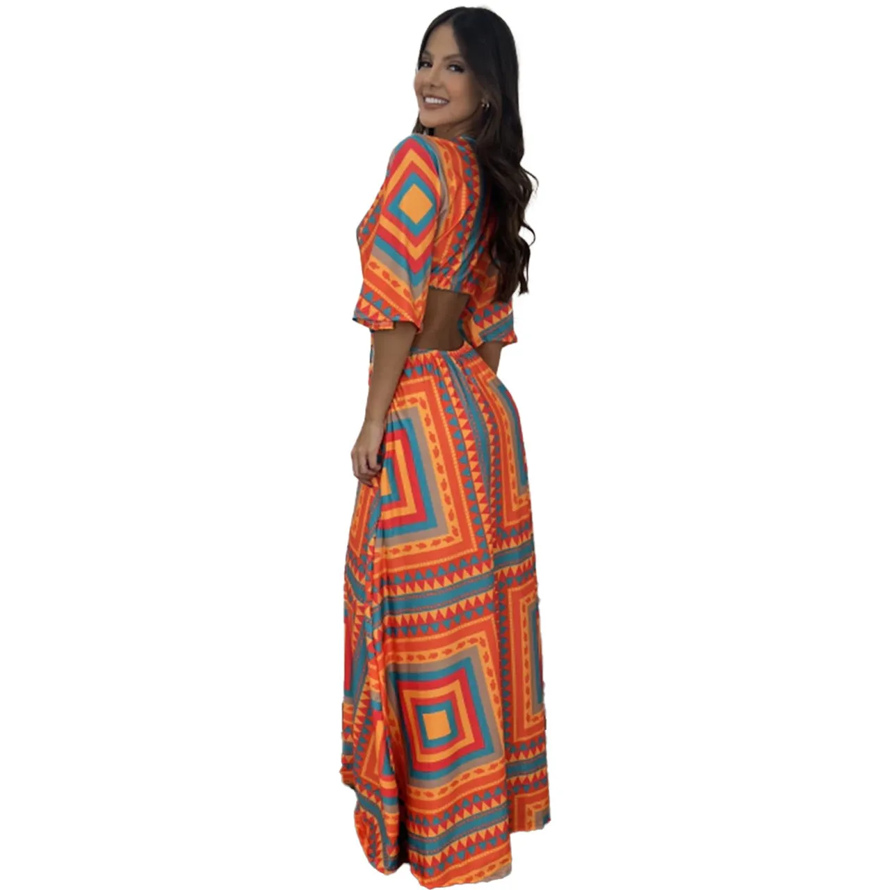 Graceful Color Block Bat Sleeves Lace-Up Maxi Dress for a Chic and Elegant Look