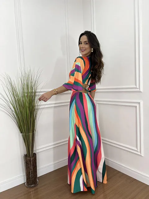 Graceful Color Block Bat Sleeves Lace-Up Maxi Dress for a Chic and Elegant Look