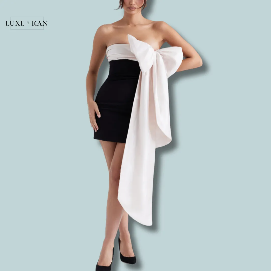 House of CB JANA 
BLACK & IVORY BOW MINI DRESS