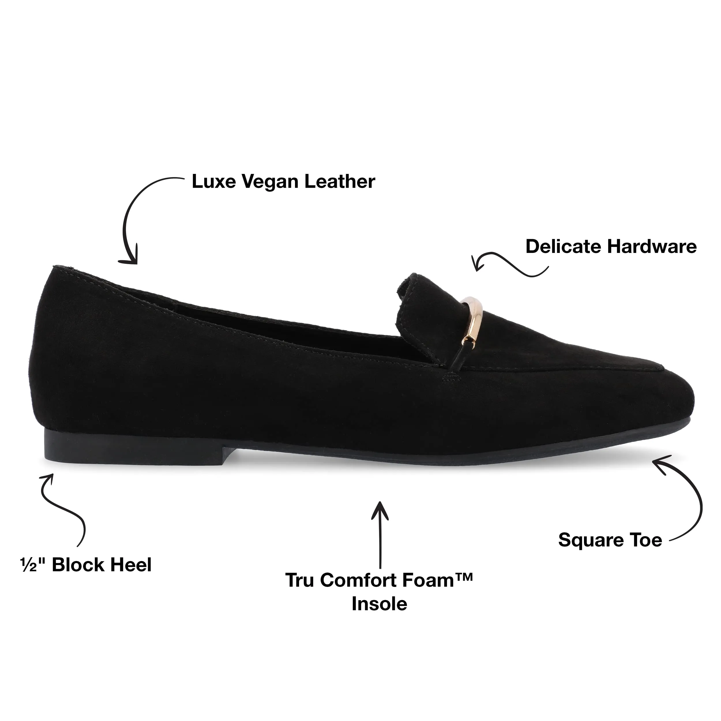 Journee Womens Loafer Flat Notched Topline Square Toe Slip-On Block Heel - Wrenn Casual Dress Shoe Black 6.5 Medium Womens US