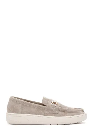 Kadın Gri Süet Deri Casual Loafer