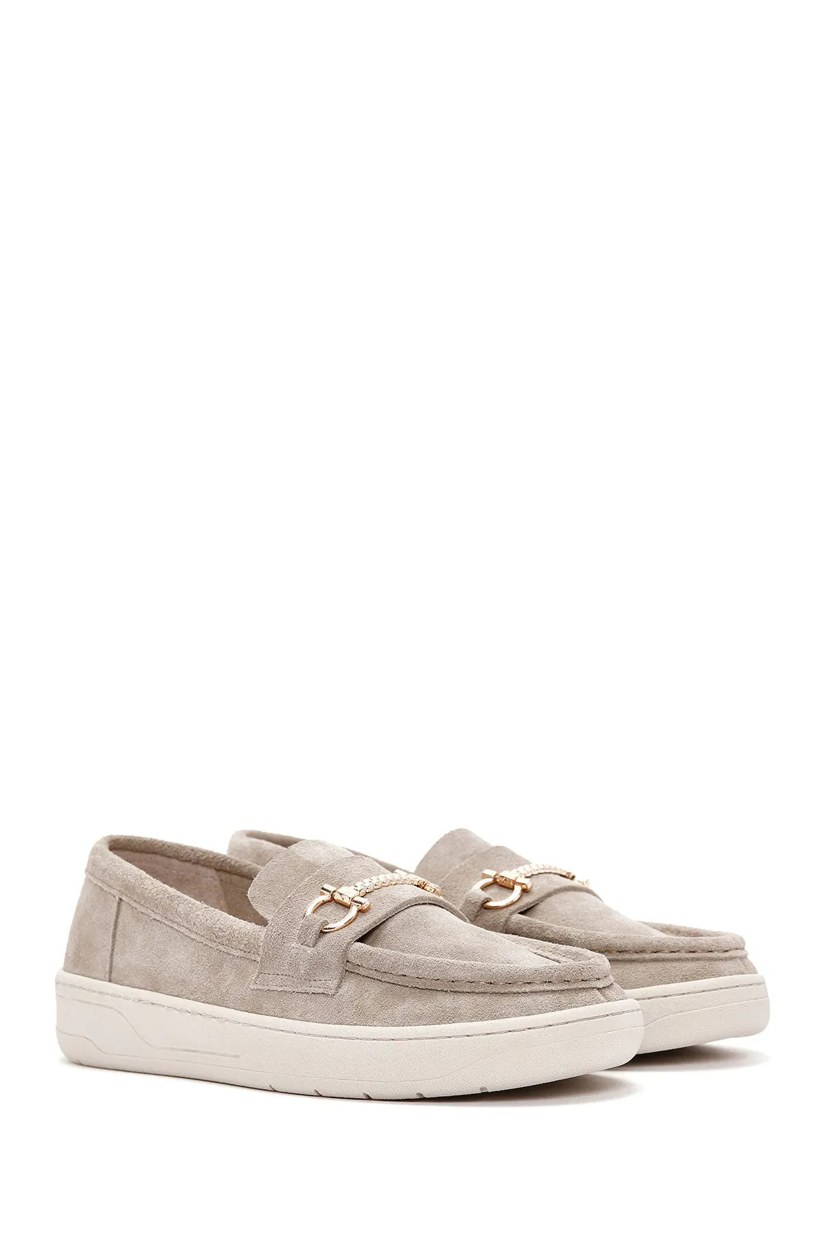 Kadın Gri Süet Deri Casual Loafer