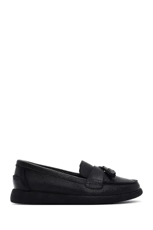 Kadın Siyah Püsküllü Deri Comfort Loafer