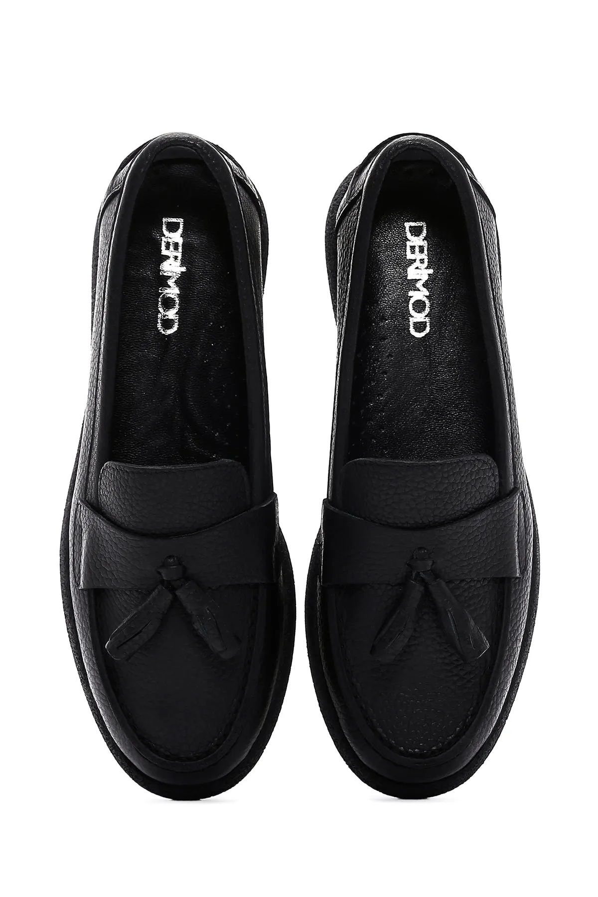 Kadın Siyah Püsküllü Deri Comfort Loafer