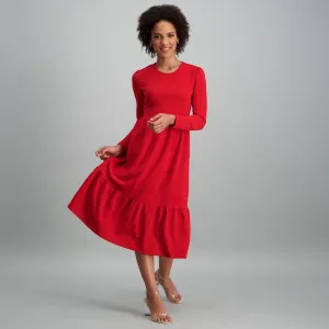 Ladies-Long Sleeve Fleece Tiered Midi Dress - Red