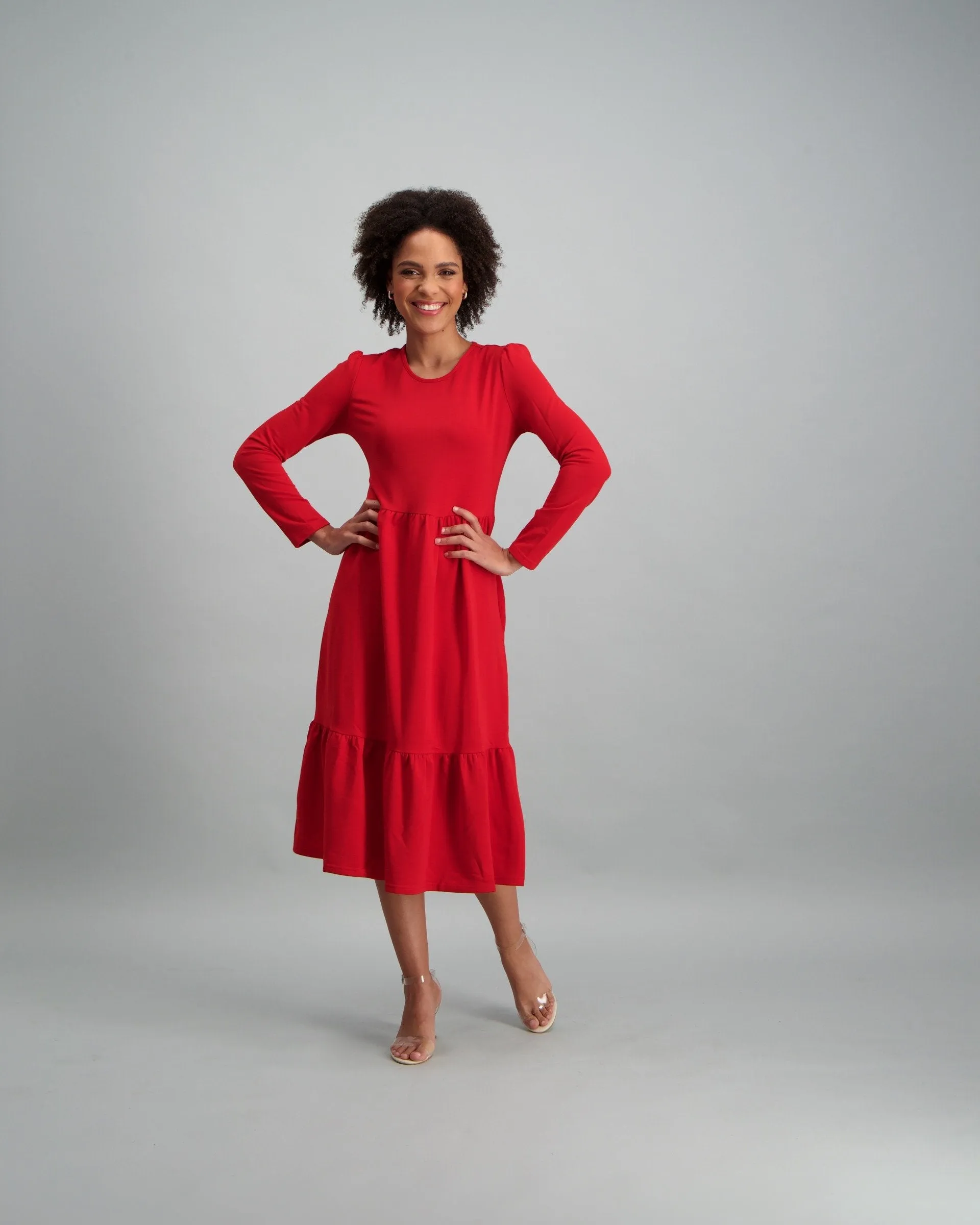 Ladies-Long Sleeve Fleece Tiered Midi Dress - Red